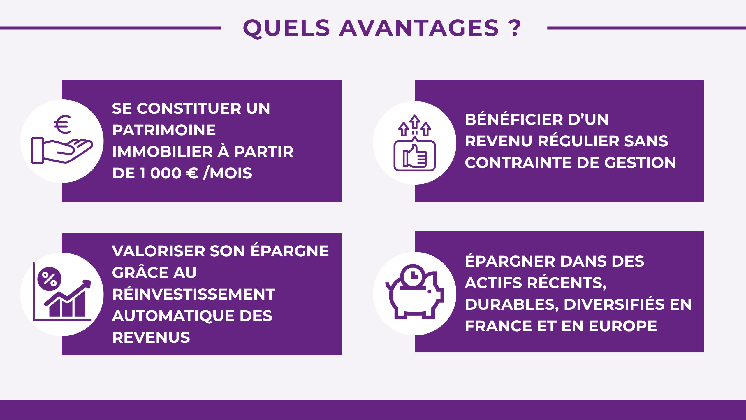 Un rendement supérieur à 6 %, versé tous les mois sur votre compteDes biens immobiliers loués à des acteurs de premier plan (Vinci, Suez, Decathlon, Engie...) On aime : Une démarche engagée en faveur d'une amélioration technique et environnementale des actifs immobiliers