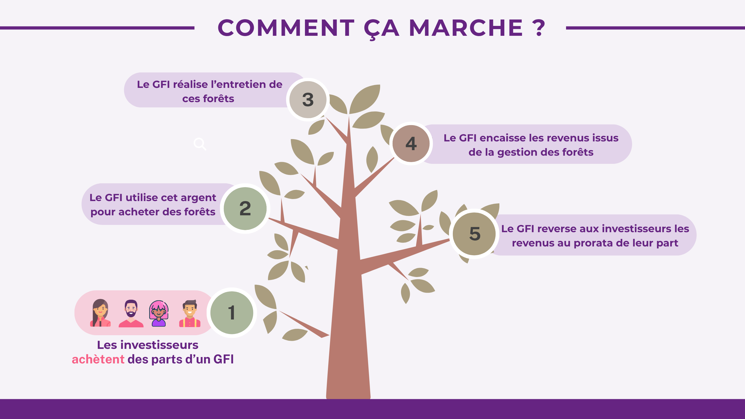 COMMENT ÇA MARCHE ? 1/ Les investisseurs achètent des parts d'un GFI 2/ Le GFI utilise cet argent pour acheter des forêts 3/ Le GFI réalise l'entretien de ces forêts 4/ Le GFI encaisse les revenus issus de la gestion des forêts 5/ Le GFI reverse aux investisseurs les revenus au prorata de leur part